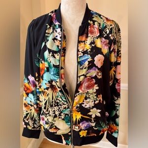 🌼🖤🌸 Bomber Jacket Floral Garden Black Multicolor Lightweight, NWOT Sz S